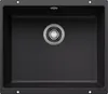 A top-down view of a black kitchen sink with a silver drain. Produktbild-Vorschau