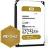 A Western Digital Gold hard drive is shown against a white background, with a gold hexagonal overlay on the left. Produktbild-Vorschau