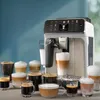 A Philips coffee machine is shown with various coffee drinks displayed in front of it. Produktbild-Vorschau