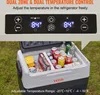 A portable refrigerator filled with drinks and food, placed on grass. Voir les images du produit