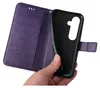 A hand is holding a purple flip phone case, showing the inside compartment. Produktbild-Vorschau