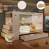 A white wooden children's bed with integrated storage and drawers, shown in a room setting with decorative elements. Produktbild-Vorschau