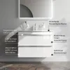 A white bathroom vanity with two drawers is shown with text overlays highlighting its features. Produktbild-Vorschau