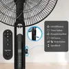 Close-up of a black stand fan with a remote control and a diagram explaining its features. Produktbild-Vorschau