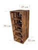 A tall, narrow shelving unit made of dark wooden crates, with dimensions indicated by measurement lines and text. Produktbild-Vorschau