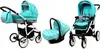 A collage of three images showing a 3-in-1 baby stroller system in mint green and gray. Produktbild-Vorschau