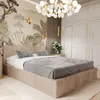 A bedroom scene featuring a bed, wardrobe, and decorative wallpaper. Produktbild-Vorschau