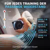 A close-up of a hand holding a resistance dial on a piece of exercise equipment, with graphics indicating training levels and body training. Produktbild-Vorschau