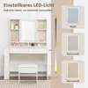A white vanity table with a mirror and LED lighting, along with a stool, displayed with examples of different light settings. Produktbild-Vorschau