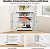 A white corner cabinet with its doors open, displaying its shelves and contents. The image is split into three parts, with the main cabinet image at the top and two detail shots at the bottom. Anteprima dell’immagine prodotto