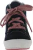 A close-up front view of a child's navy blue boot with pink laces. Produktbild-Vorschau
