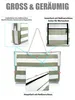 A marketing image showing a striped tote bag with callouts highlighting its features. Produktbild-Vorschau