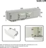 A collage of diagrams and close-ups detailing the dimensions and features of a white TV stand. Produktbild-Vorschau