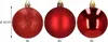 Three red Christmas ornaments of different finishes (glitter, matte, glossy) are displayed side-by-side with a size indicator. Náhled obrázku produktu