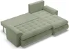 A light green sectional sofa with a tufted seat and a pull-out bed feature, shown from a high angle against a white background. Produktbild-Vorschau