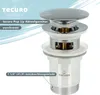 A close-up studio shot of a chrome pop-up drain assembly for a sink, with text overlays providing product details. Produktbild-Vorschau