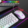 A white gaming keyboard and mouse are placed on a black surface with colorful RGB lighting around the edges. Produktbild-Vorschau
