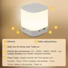 A white cube-shaped LED lamp with a glowing light, with numbered callouts and descriptive text. Voir les images du produit