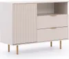 A beige dresser with gold legs and gold drawer pulls, shown against a white background. Produktbild-Vorschau