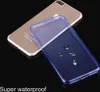 A transparent blue phone case is shown with water droplets on it, placed diagonally over a gold iPhone. Produktbild-Vorschau