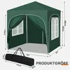 A green gazebo with dimensions indicated by measurement lines and text. A black carrying bag is shown in the foreground. Produktbild-Vorschau