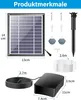 A collection of solar-powered pond aerator components, including a solar panel, air pump, tubing, and accessories, with dimensions indicated. Produktbild-Vorschau