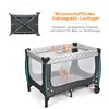 A baby playing in a travel crib with marketing text and a diagram of the crib's structure. Náhľad obrázku produktu