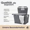 Two grey felt storage baskets, one with a lid, are shown. Text describes product features. Produktbild-Vorschau