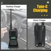 A split image showing a walkie-talkie in a car and another walkie-talkie being charged. Produktbild-Vorschau