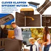 A collage of images showing a foldable table and benches, people using them, and close-ups of the product's features. Produktbild-Vorschau