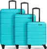 Three turquoise suitcases of different sizes are arranged in a row against a white background.
