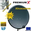 A satellite dish with various marketing labels and graphics. Produktbild-Vorschau