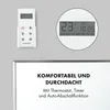 A remote control and a circular display showing temperature and time are shown against a light gray background, with text describing product features below. Produktbild-Vorschau