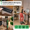 Collage of images showing a height-adjustable desk, a person using it, and close-ups of its controls and features. Produktbild-Vorschau