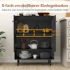 Interior of a black cabinet with shelves displaying kitchen items and text overlays indicating adjustable shelf height. Podgląd zdjęcia produktu