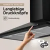 A close-up of a black kitchen range hood with a hand pressing a button, highlighting its features. Produktbild-Vorschau