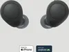 Two black wireless earbuds are shown against a light gray and white background, with compatibility badges for iPhone and Android below. Anteprima dell’immagine prodotto