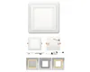 A product image showing a square LED panel light from multiple angles, including its front, back, and side profile, along with a separate image of its driver. Below these are three smaller images showcasing the light panel in different color temperatures. Produktbild-Vorschau