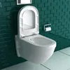 A white wall-mounted toilet with the lid open, set against a dark green tiled wall. Produktbild-Vorschau