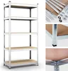 A multi-shelf metal storage rack with wooden shelves, shown in a studio setting. Produktbild-Vorschau