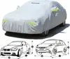 A car covered with a white protective cover, with line drawings of two cars below showing dimensions. Produktbild-Vorschau