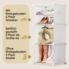 A modular shoe rack with different configurations shown, along with text explaining its capacity and usage. Produktbild-Vorschau