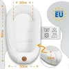 A white baby nest with dimensions indicated by text overlays and a close-up view of its side. Podgląd zdjęcia produktu