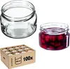 A collection of glass jars, some empty and one filled with cherries, alongside a cardboard box containing multiple jars. Produktbild-Vorschau