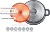A close-up view of the bottom of a cooking pot, with a diagram showing heat distribution and compatibility with different stovetops. Voir les images du produit