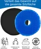 A blue gel cushion and a black cushion are shown, with icons and text describing their features. Produktbild-Vorschau