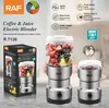 A marketing image showcasing a RAF electric blender and grinder set with various fruits and coffee beans. Produktbild-Vorschau