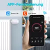 A collage showing a smart thermostat attached to a radiator on the left, and a hand holding a smartphone displaying the thermostat's app interface on the right. Text overlays indicate app control and compatible smart home platforms. Podgląd zdjęcia produktu