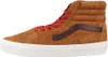 A side view of a brown Vans Sk8-Hi sneaker with red laces. Voir les images du produit