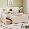 A child's bed with storage drawers and a headboard with shelves and a night light. Produktbild-Vorschau